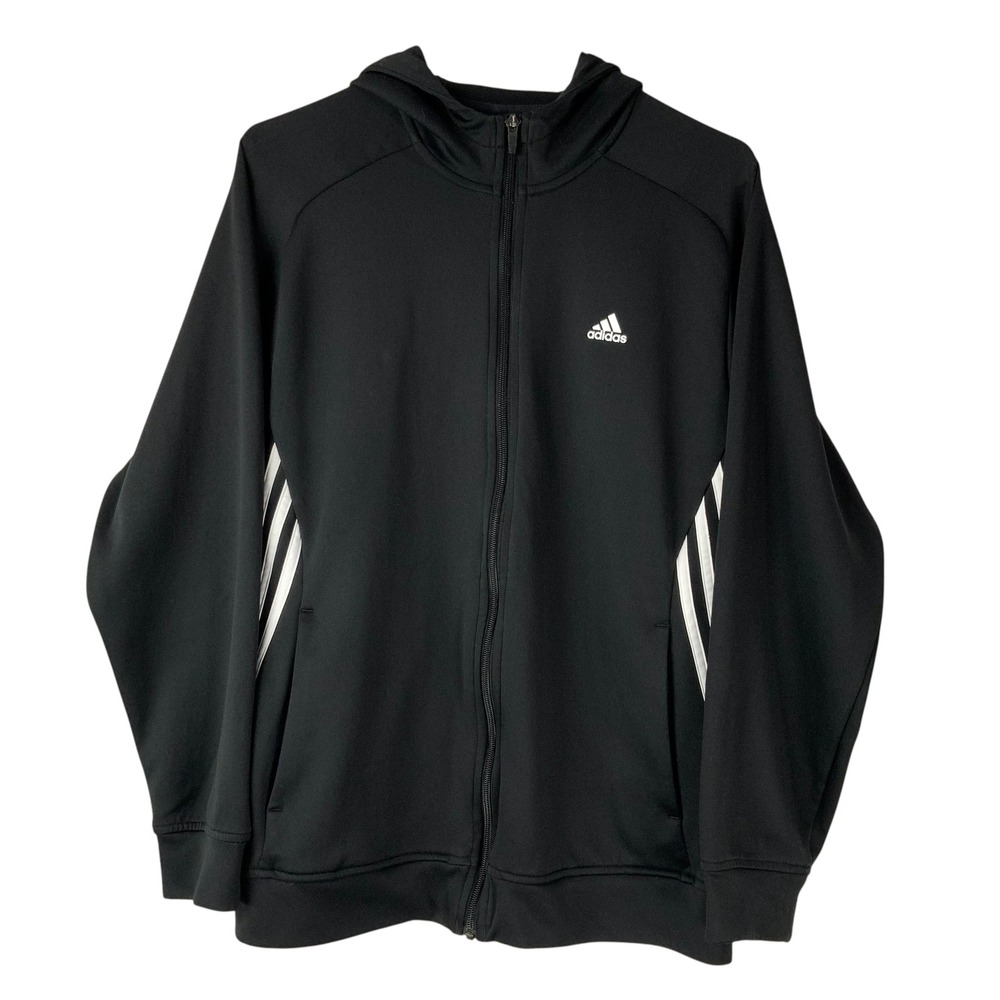 Adidas Black White Stripe Full Zip Hooded Long Sleeve Track Sweater Size M